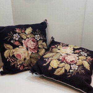 Pair of Vintage Wool Needlepoint 16x16 Flower Bouquet Design Pillows W/Inserts